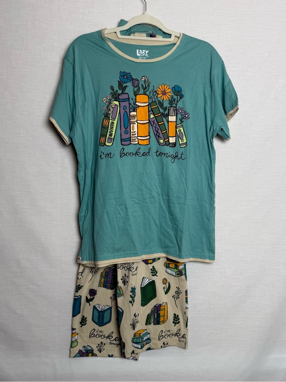 Lazy One Womens M Booked Pajama Set Books Floral PJ Tee Pants 100% Cotton NWT